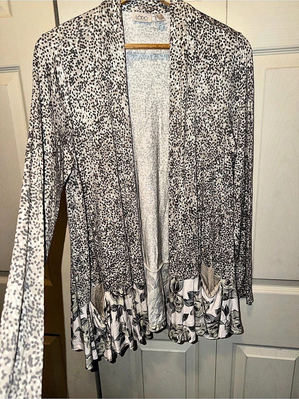 LOGO by Lori Goldstein floral/animal Print Ruffle Hem Cardigan Size Medium